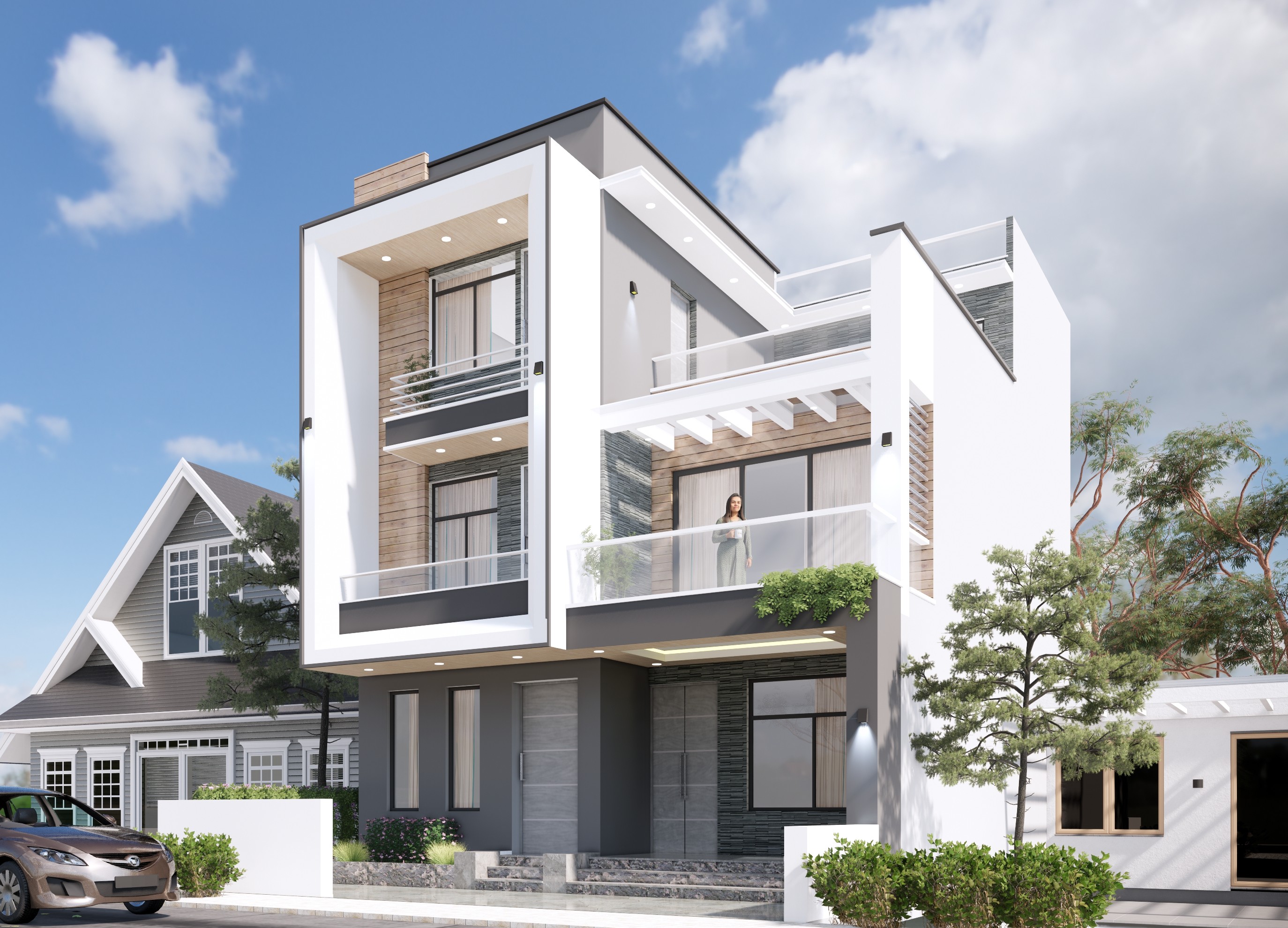 Photoreal 3D elevation render of a residence