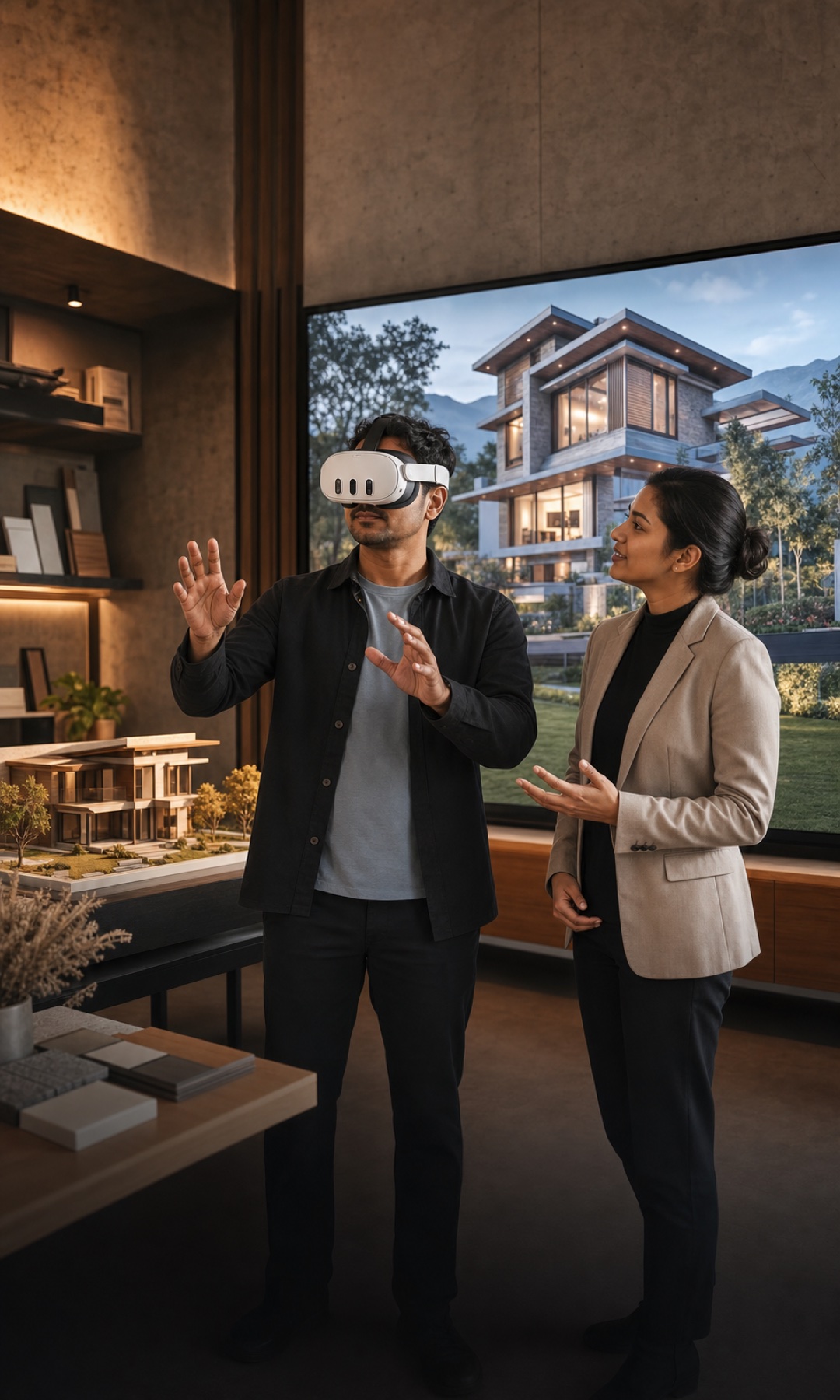 Homeowner reviewing a residential design in VR with an architect